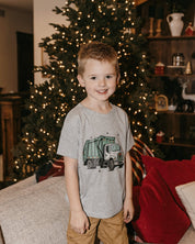 Child tee in gray with Christmas Garbage Truck on front, shown on model – Little Mama Shirt Shop