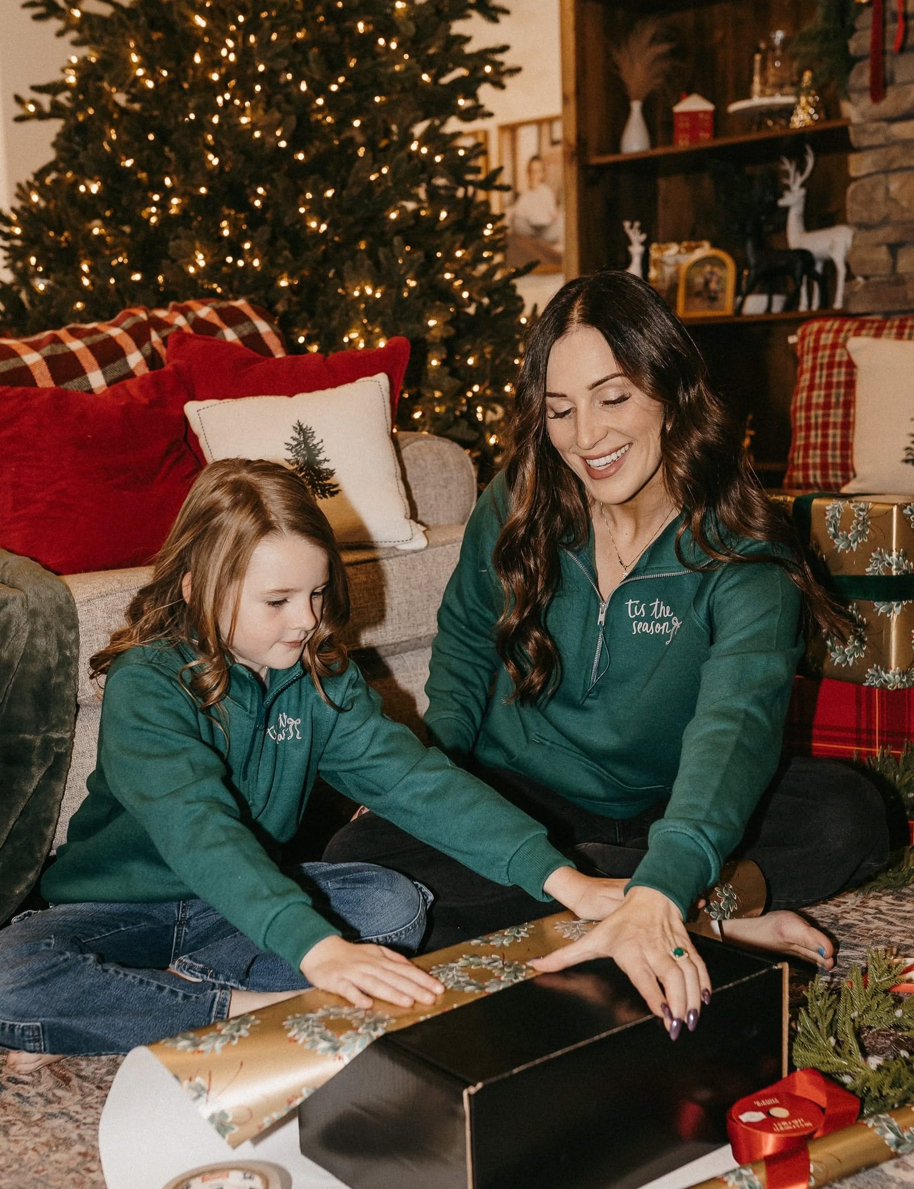 Adult and Kids quarter zip in green with 'tis the season' printed on front, shown on models – Little Mama Shirt Shop