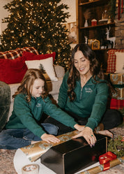 Adult and Kids quarter zip in green with 'tis the season' printed on front, shown on models – Little Mama Shirt Shop