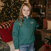 Kids quarter zip in green with 'tis the season' printed on front, shown on models– Little Mama Shirt Shop