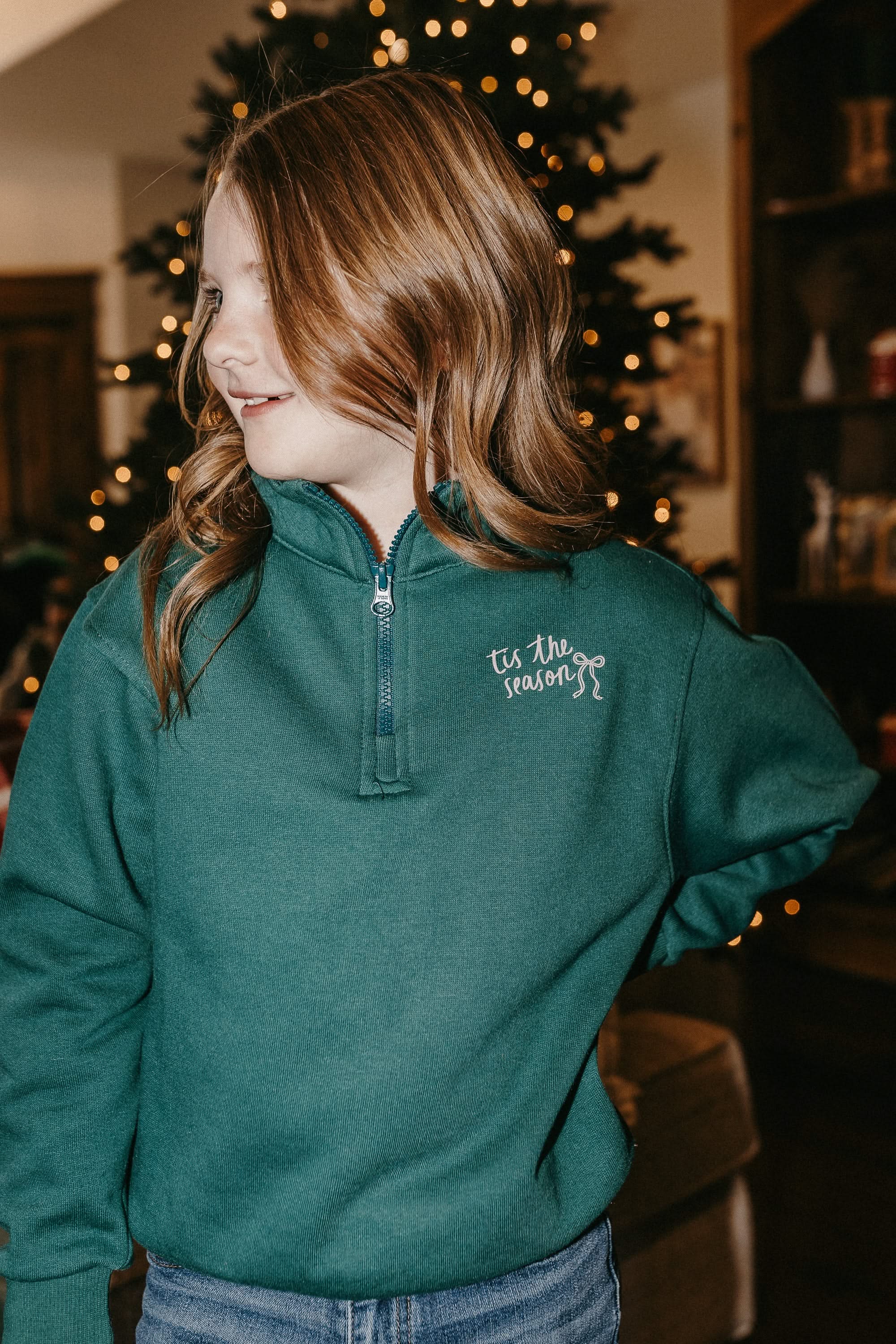 Kids quarter zip in green with 'tis the season' printed on front, shown on models– Little Mama Shirt Shop