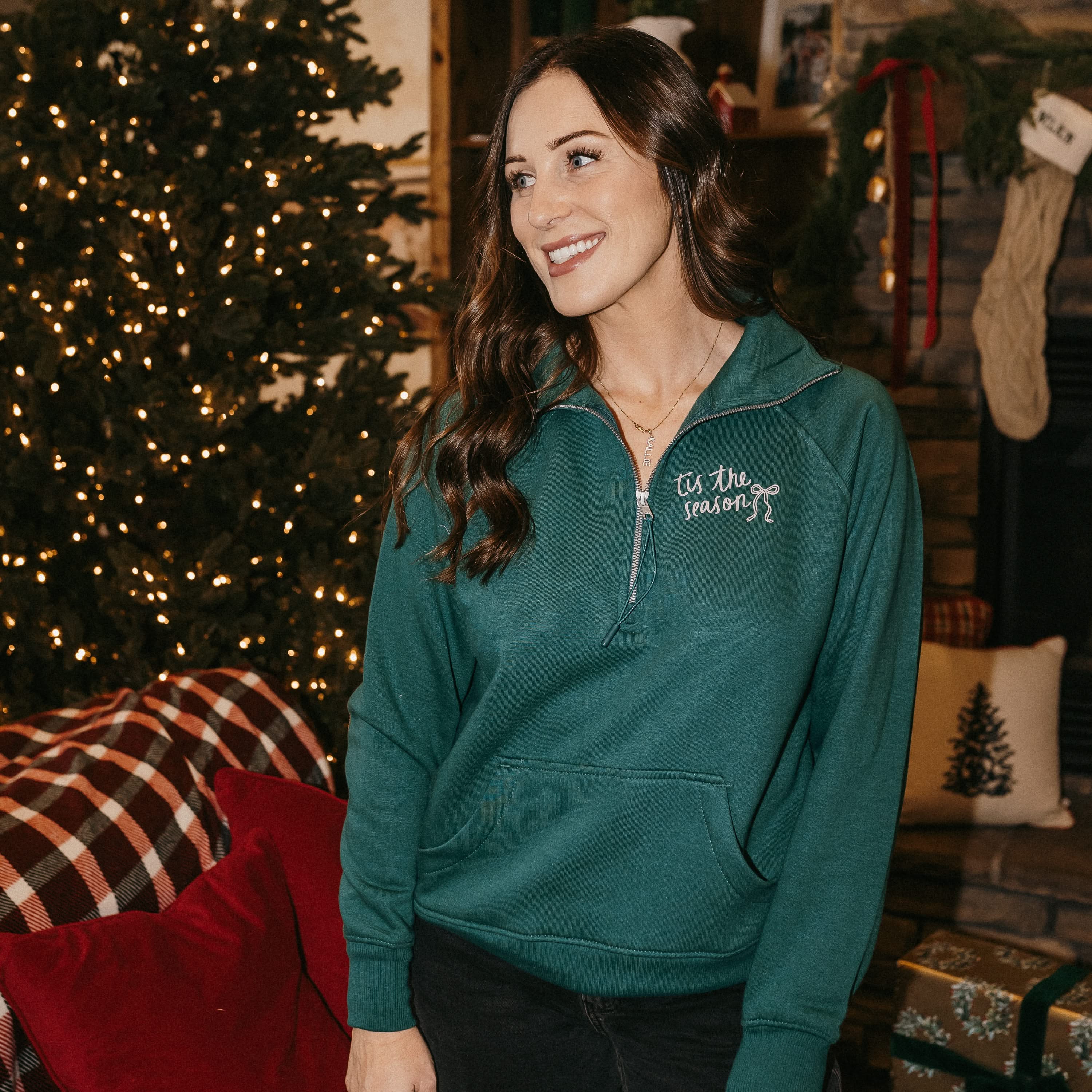 Adult quarter zip in forest with 'tis the season' printed on front, shown on model – Little Mama Shirt Shop