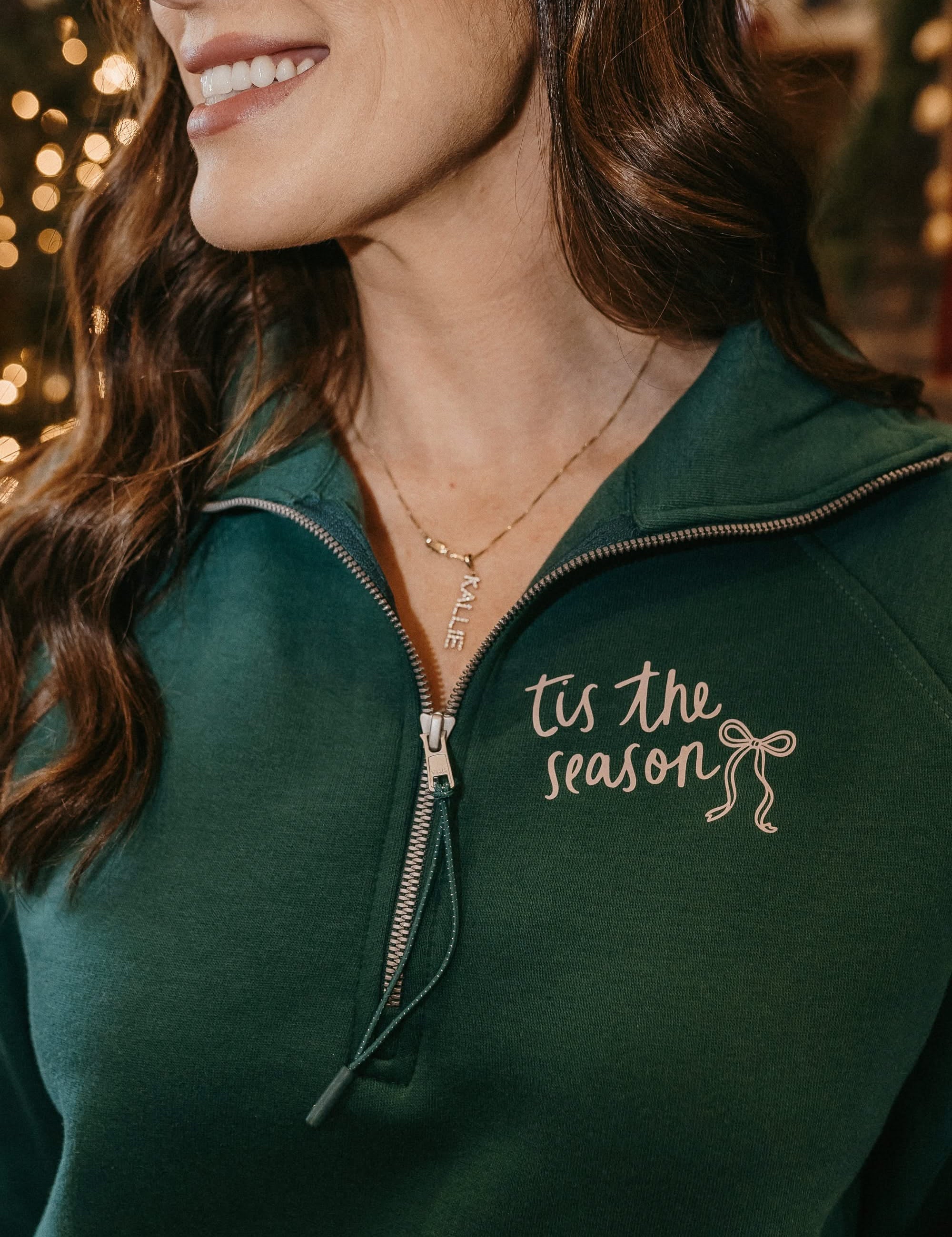 Adult quarter zip in forest with 'tis the season' printed on front, shown on model – Little Mama Shirt Shop