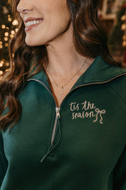 Adult quarter zip in forest with 'tis the season' printed on front, shown on model – Little Mama Shirt Shop