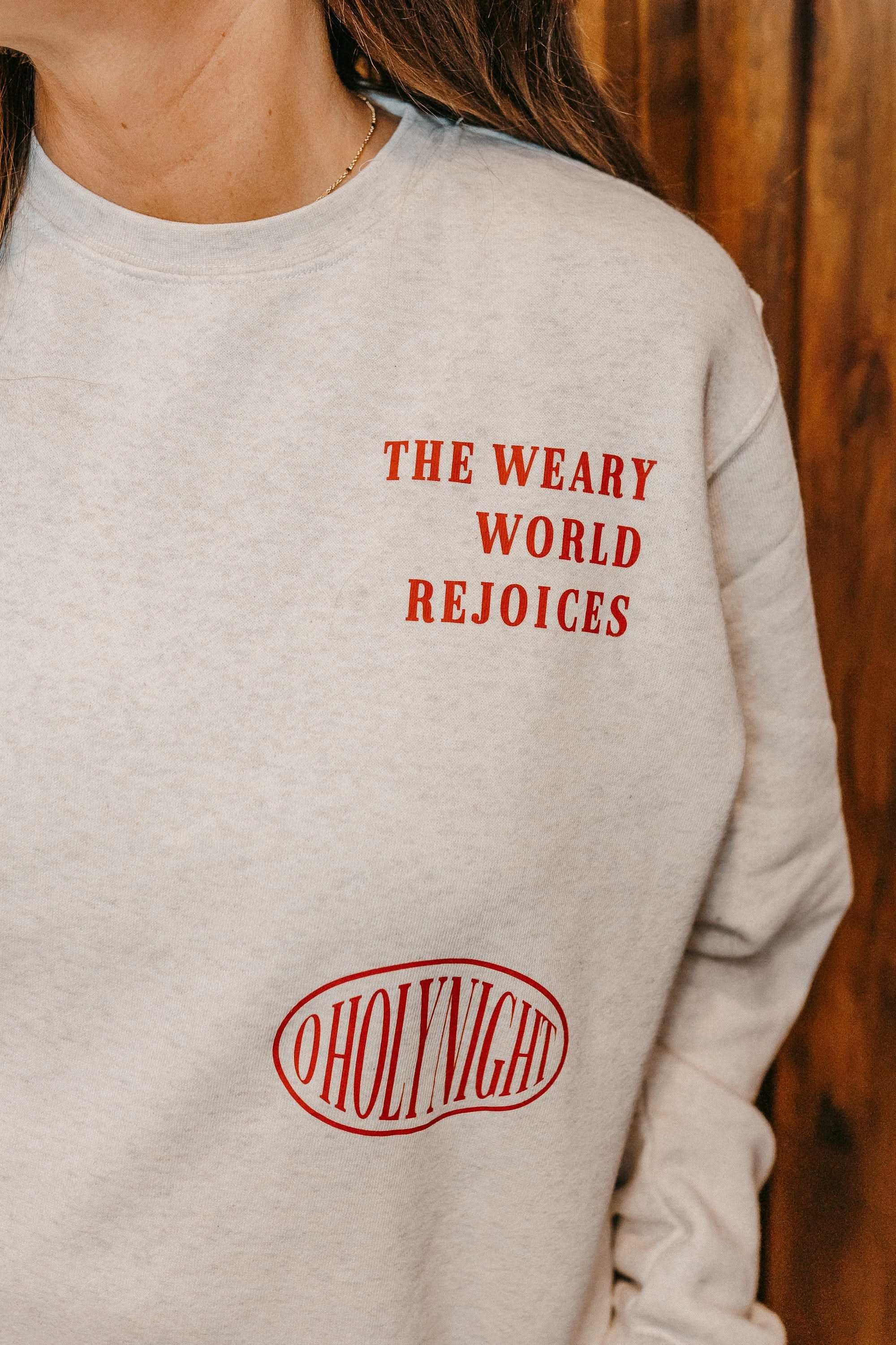 Adult sweater in natural with Christian Christmas graphics on the front, shown on model – Little Mama Shirt Shop