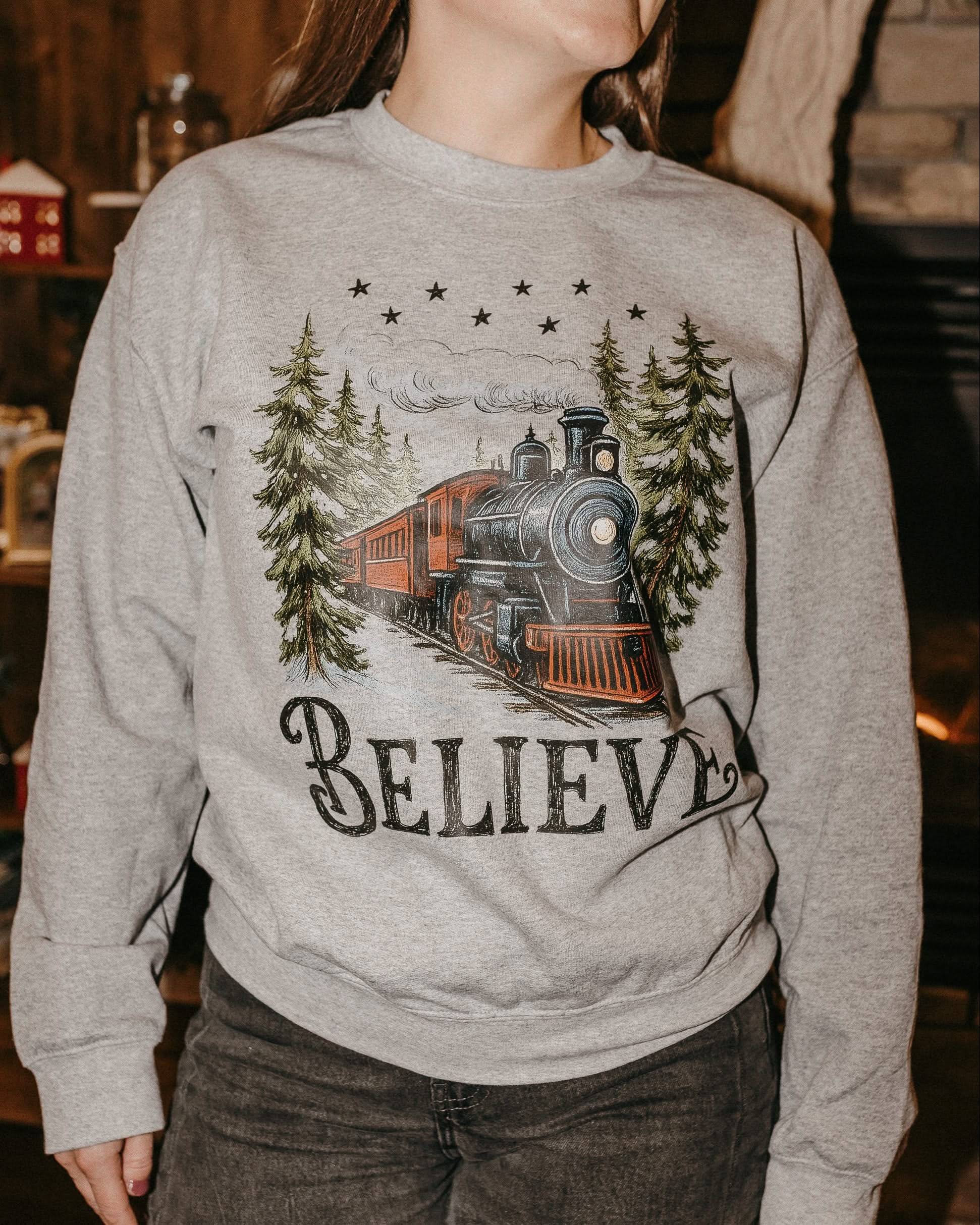 Adult Sweater in gray with winter train and 'Believe' on chest, shown on model – Little Mama Shirt Shop