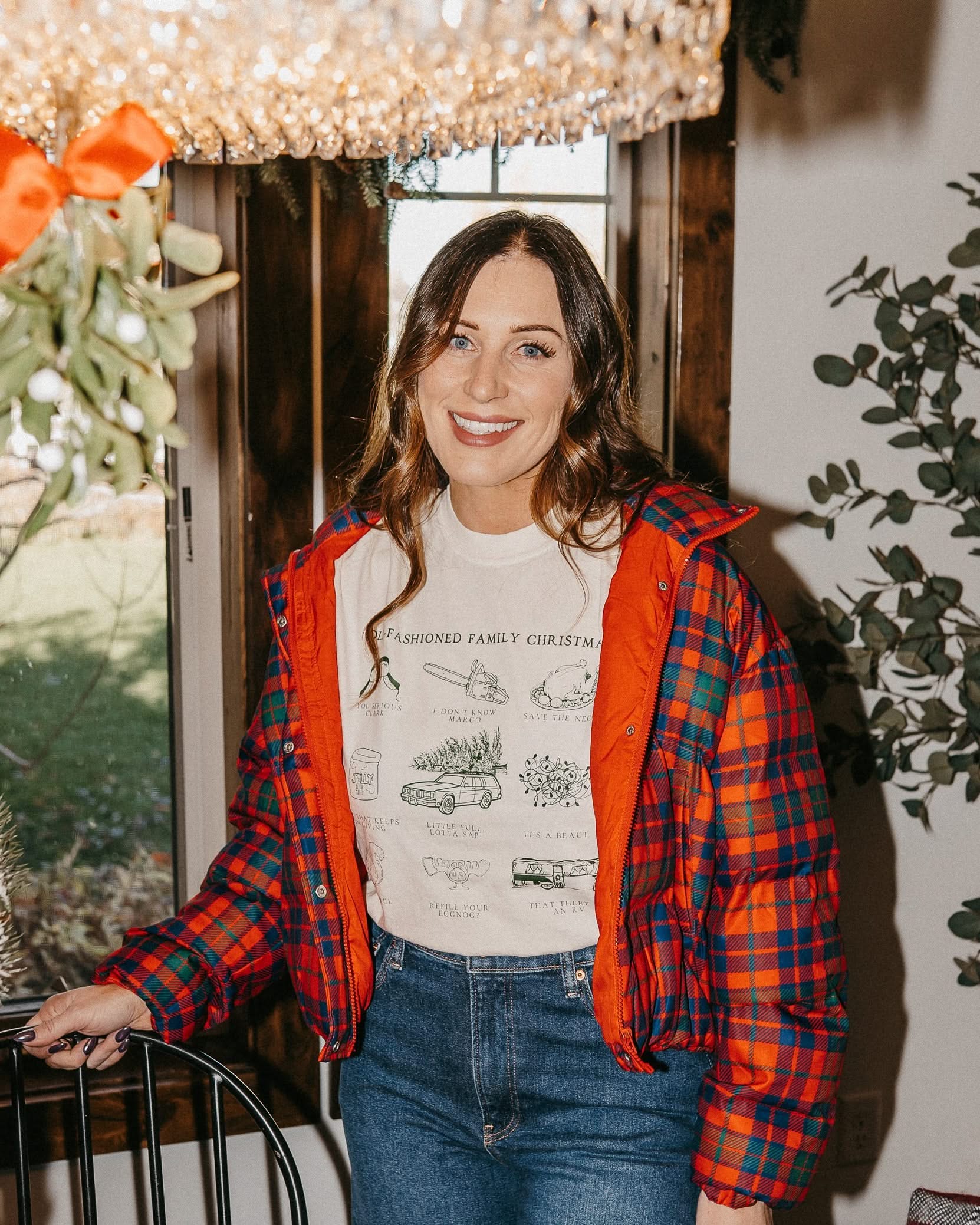 Adult long sleeve comfort colors tee in ivory with old fashioned family christmas graphic on the front, shown on model – Little Mama Shirt Shop