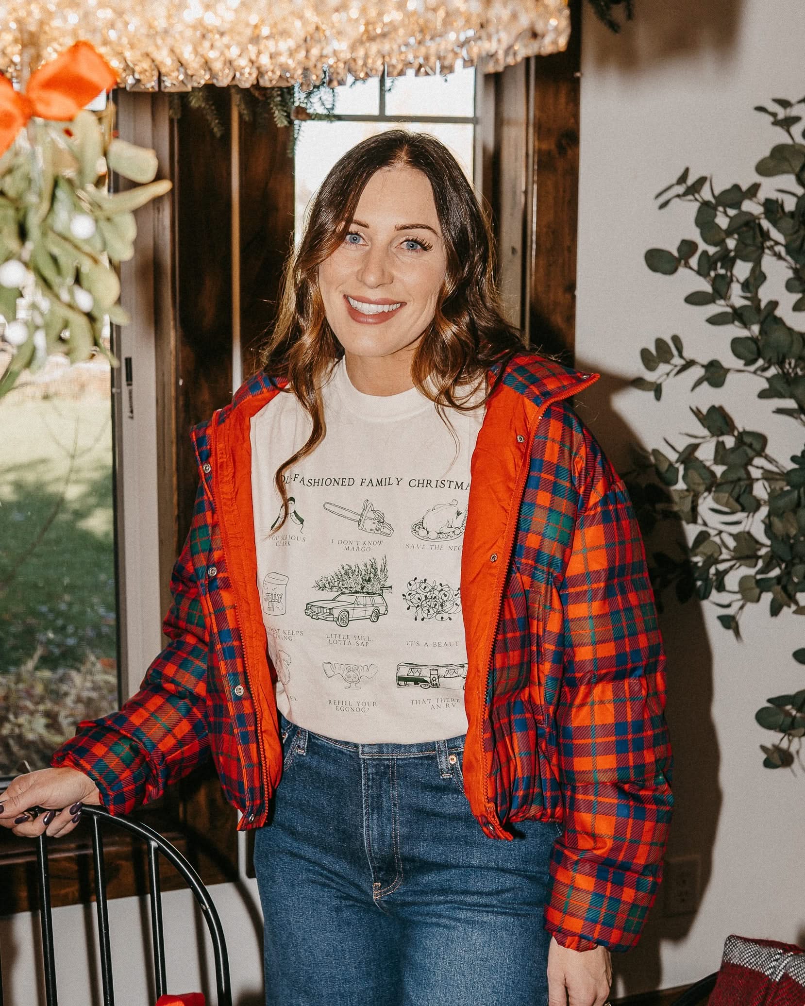 Adult comfort colors tee in ivory with old fashioned family christmas graphic on the front, shown on model – Little Mama Shirt Shop