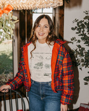 Adult comfort colors tee in ivory with old fashioned family christmas graphic on the front, shown on model – Little Mama Shirt Shop