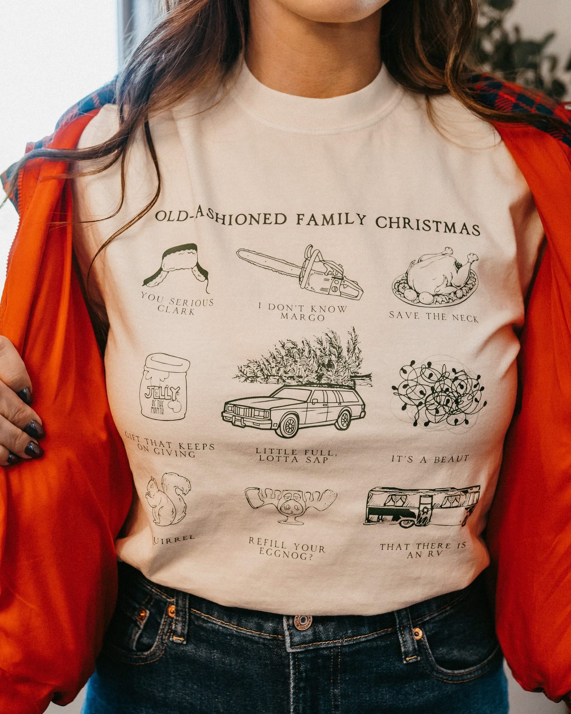 Adult long sleeve comfort colors tee in ivory with old fashioned family christmas graphic on the front, shown on model – Little Mama Shirt Shop