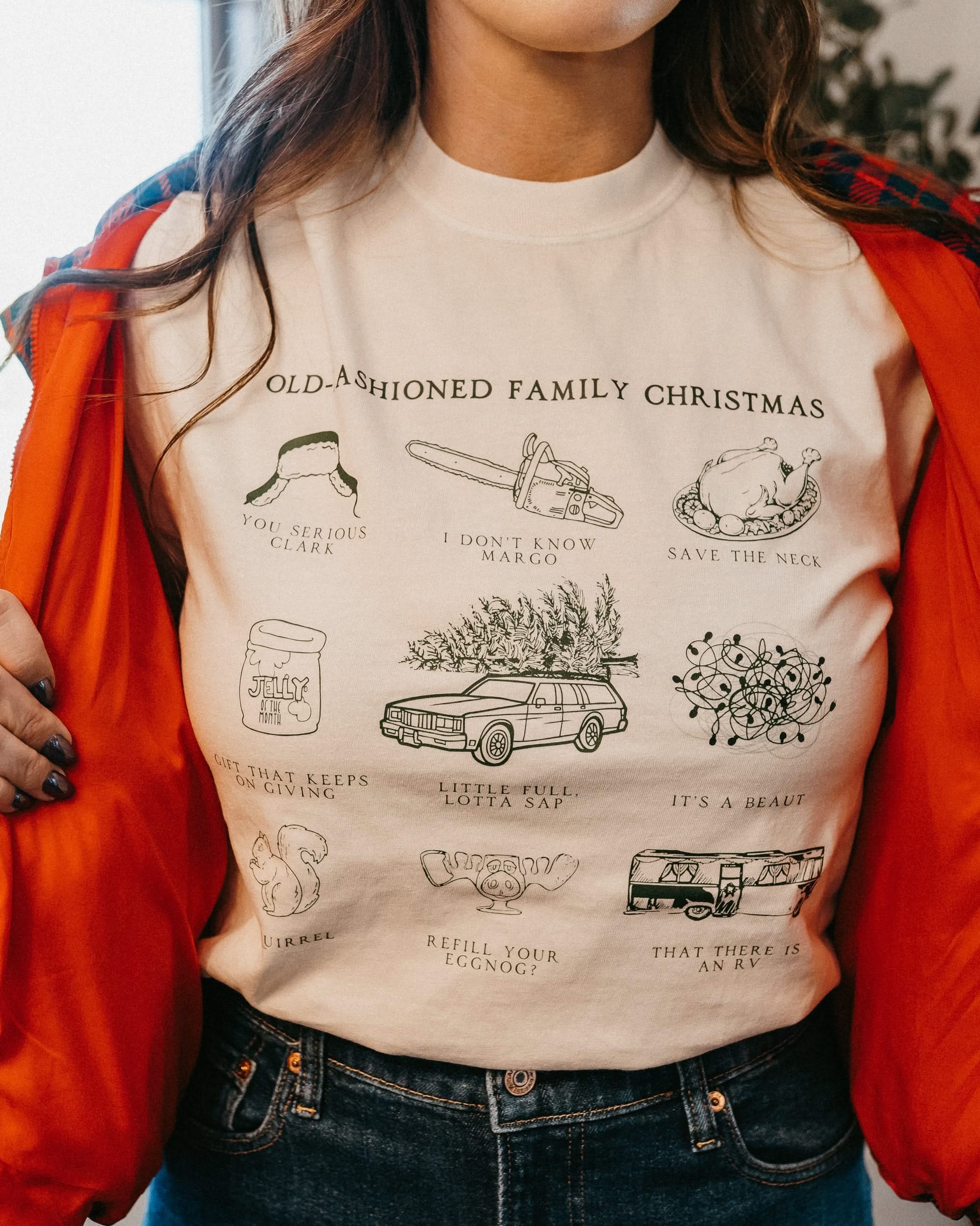 Adult comfort colors tee in ivory with old fashioned family christmas graphic on the front, shown on model – Little Mama Shirt Shop
