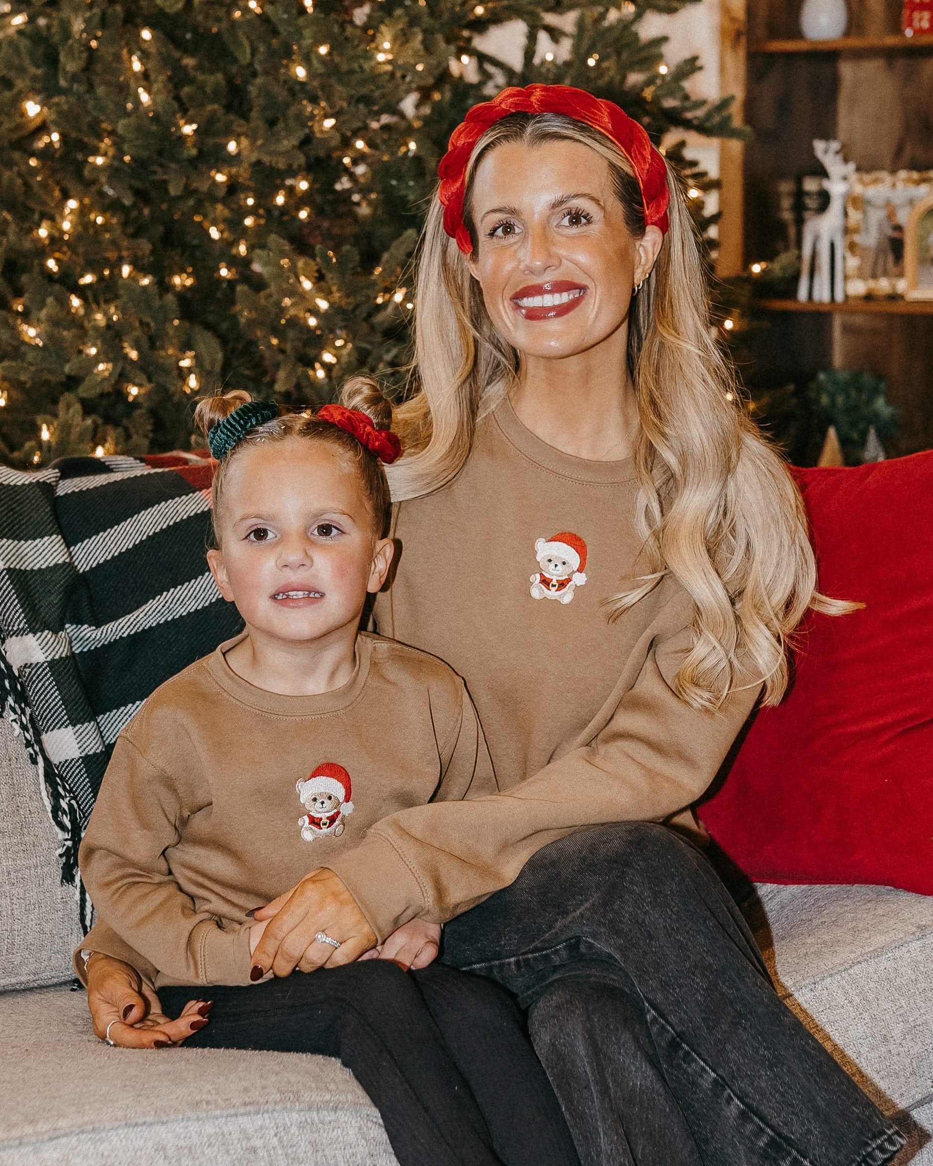 Kids and adult sweater in coyote brown with embroidered Santa teddy bear on front, shown on model – Little Mama Shirt Shop