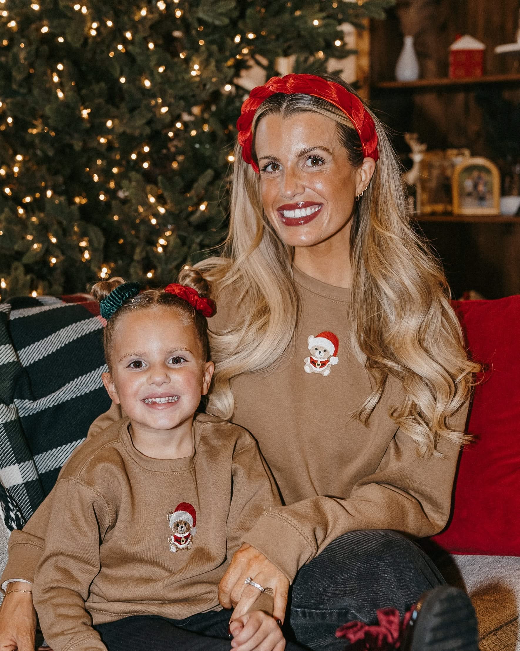 Adult and kid sweater in coyote brown with embroidered Santa teddy bear on front, shown on model – Little Mama Shirt Shop