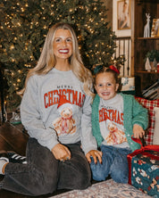 Adult and child gray sweaters with merry Christmas teddy graphic, shown on models – Little Mama Shirt Shop