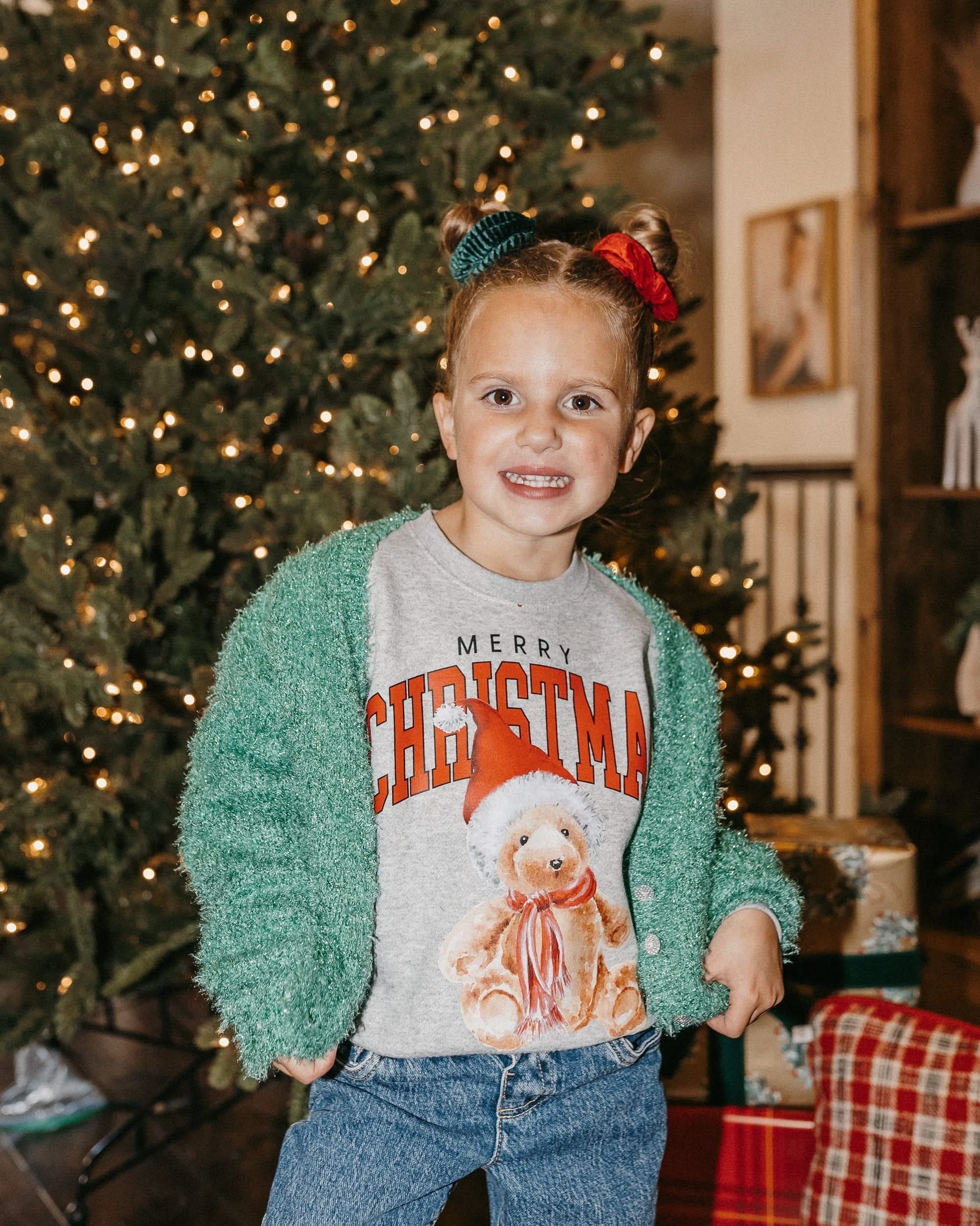 Child gray basic fleece with merry Christmas teddy graphic, shown on model – Little Mama Shirt Shop