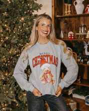 Adult gray basic fleece with merry Christmas teddy graphic, shown on model – Little Mama Shirt Shop