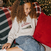 Child sweater in heather with Believe Polar Express Train on front, shown on model – Little Mama Shirt Shop