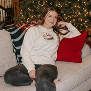 Adult sweater in heather with Believe Polar Express Train on front, shown on model – Little Mama Shirt Shop