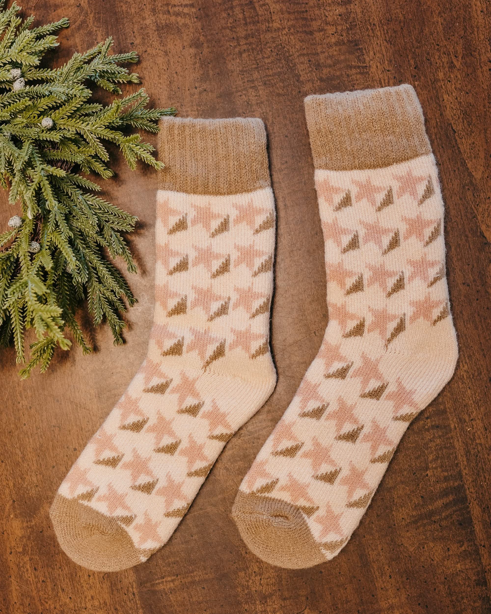 Adult socks cream and tan with star pattern, shown on flat lay – Little Mama Shirt Shop