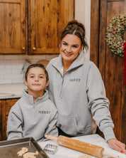 Adult and Kids quarter zip in heather with 'Merry' printed on front, shown on models – Little Mama Shirt Shop
