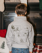 Kids quarter zip in heather with Christmas Stamps printed on back, shown on model – Little Mama Shirt Shop