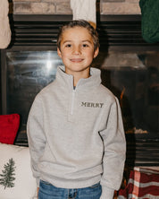 Kids quarter zip in heather with 'Merry' printed on front, shown on model – Little Mama Shirt Shop
