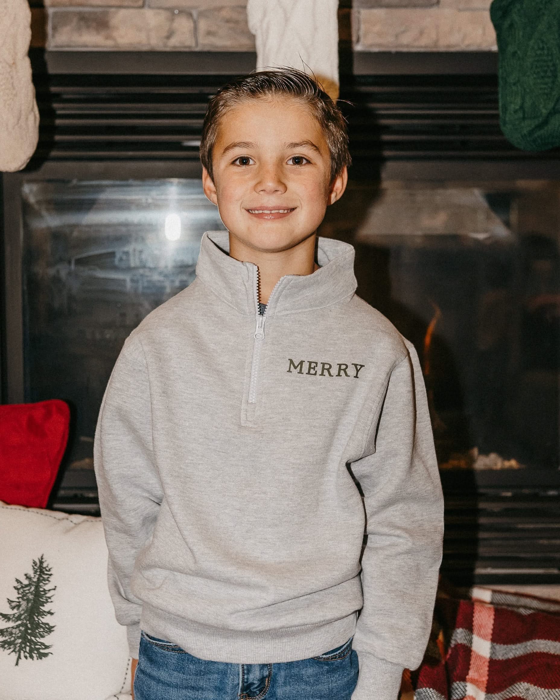 Kids quarter zip in heather with 'Merry' printed on front, shown on model – Little Mama Shirt Shop