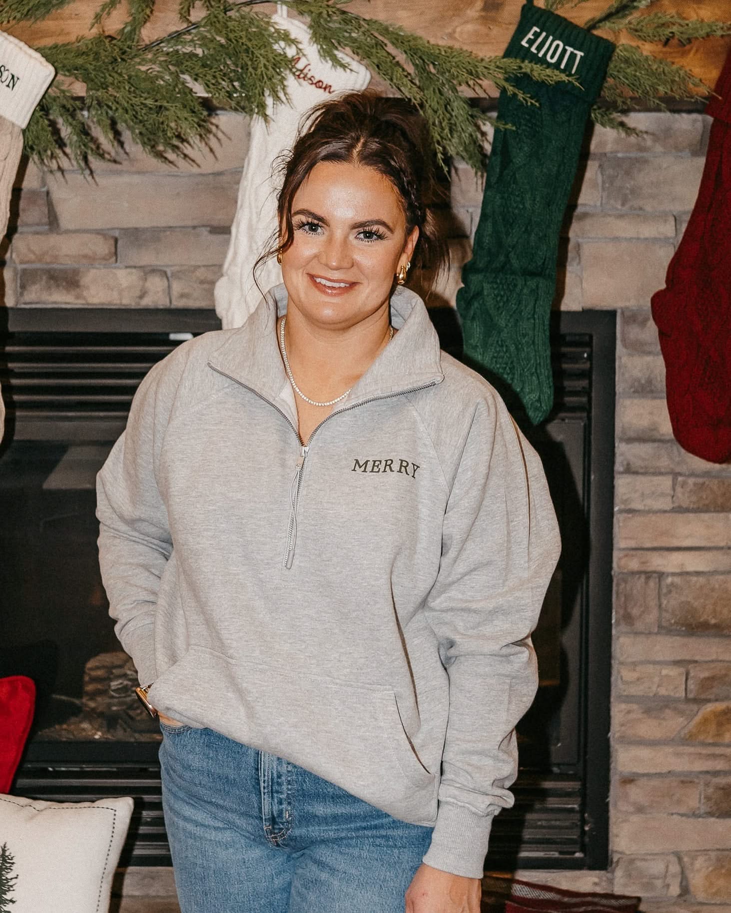 Adult quarter zip in heather with 'Merry' printed on front, shown on model – Little Mama Shirt Shop