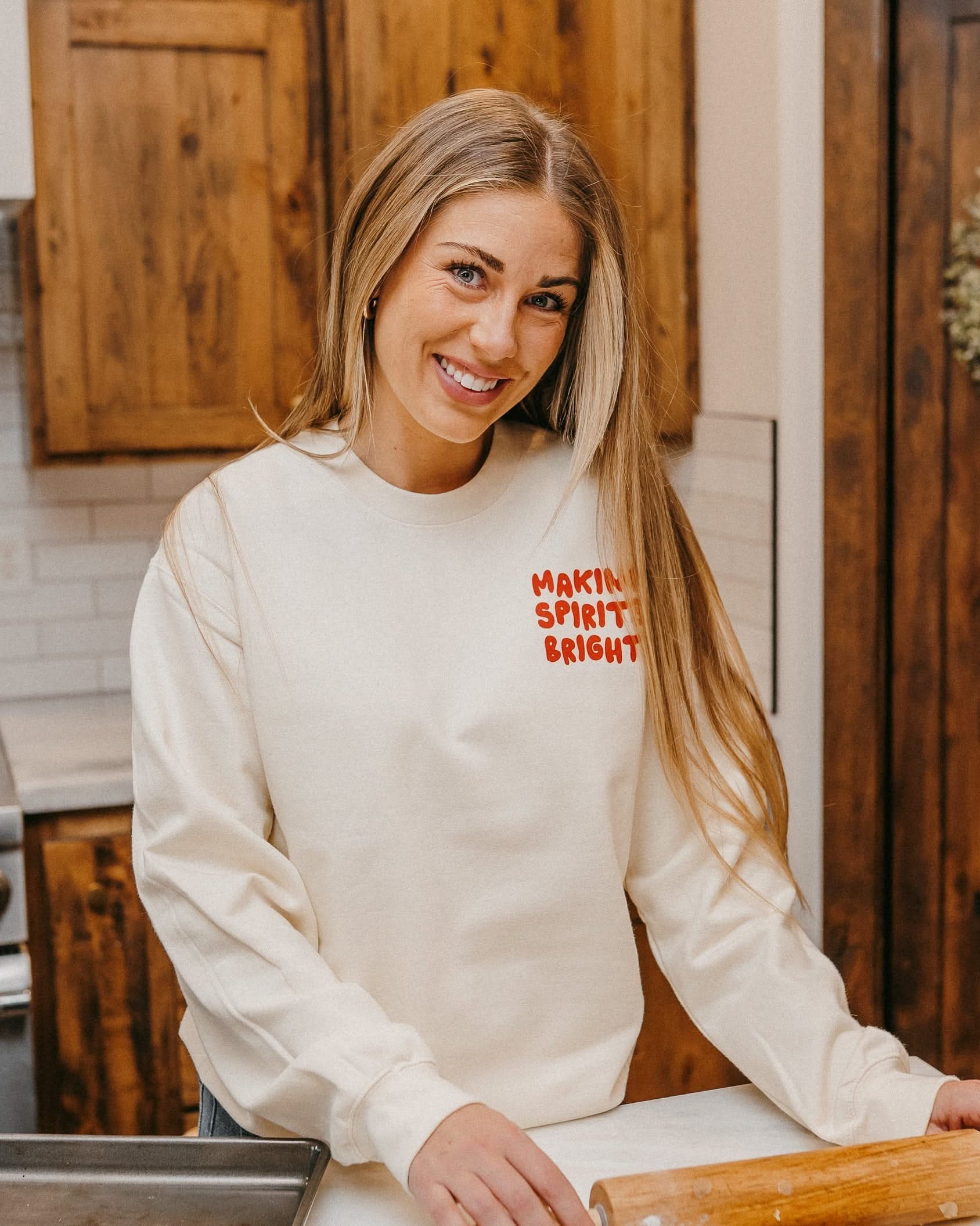 adult off-white basic fleece with 'making spirits bright' graphic, shown on model– Little Mama Shirt Shop