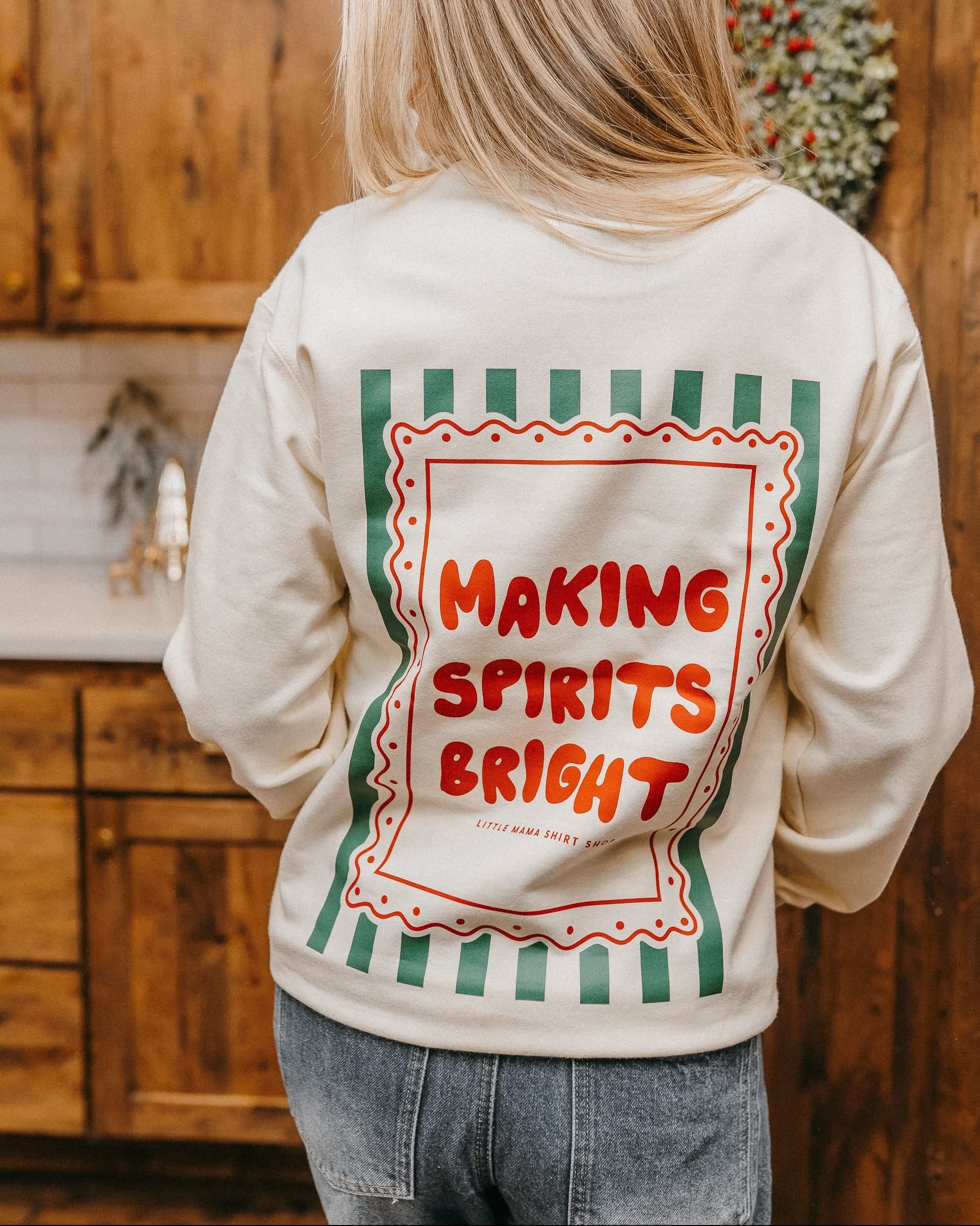 adult off-white basic fleece with 'making spirits bright' graphic, shown on model– Little Mama Shirt Shop