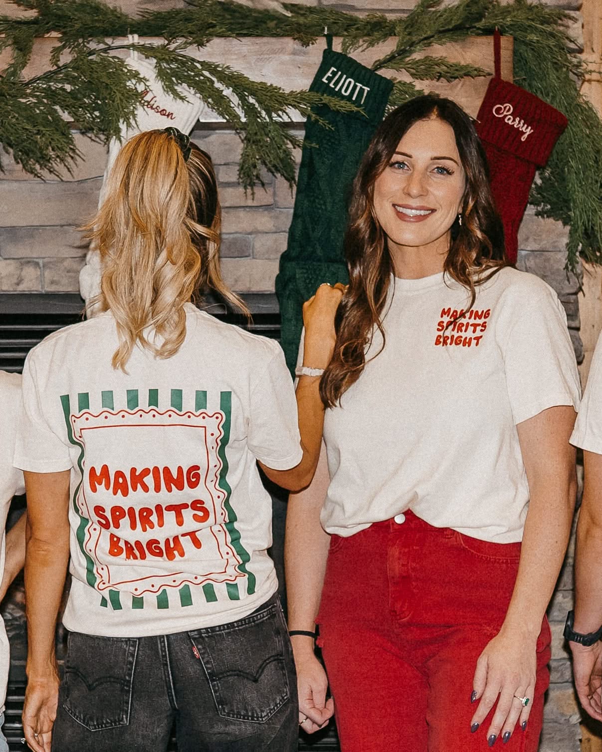 Adult ivory comfort colors tee with 'making spirits bright' graphic, shown on models – Little Mama Shirt Shop