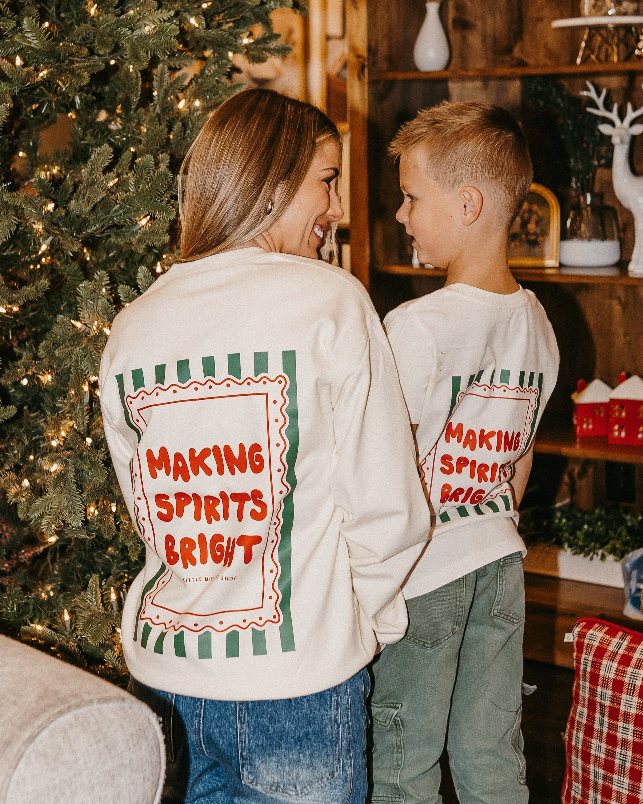 adult off-white basic fleece with 'making spirits bright' graphic, shown on model– Little Mama Shirt Shop