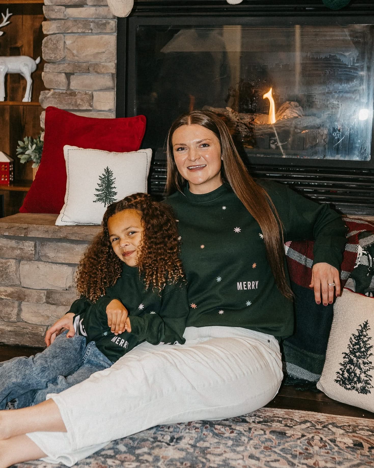 Adult and child forest sweater with 'Merry Every Thing' graphic, shown on model – Little Mama Shirt Shop