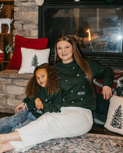 Adult and child forest sweater with 'Merry Every Thing' graphic, shown on model – Little Mama Shirt Shop