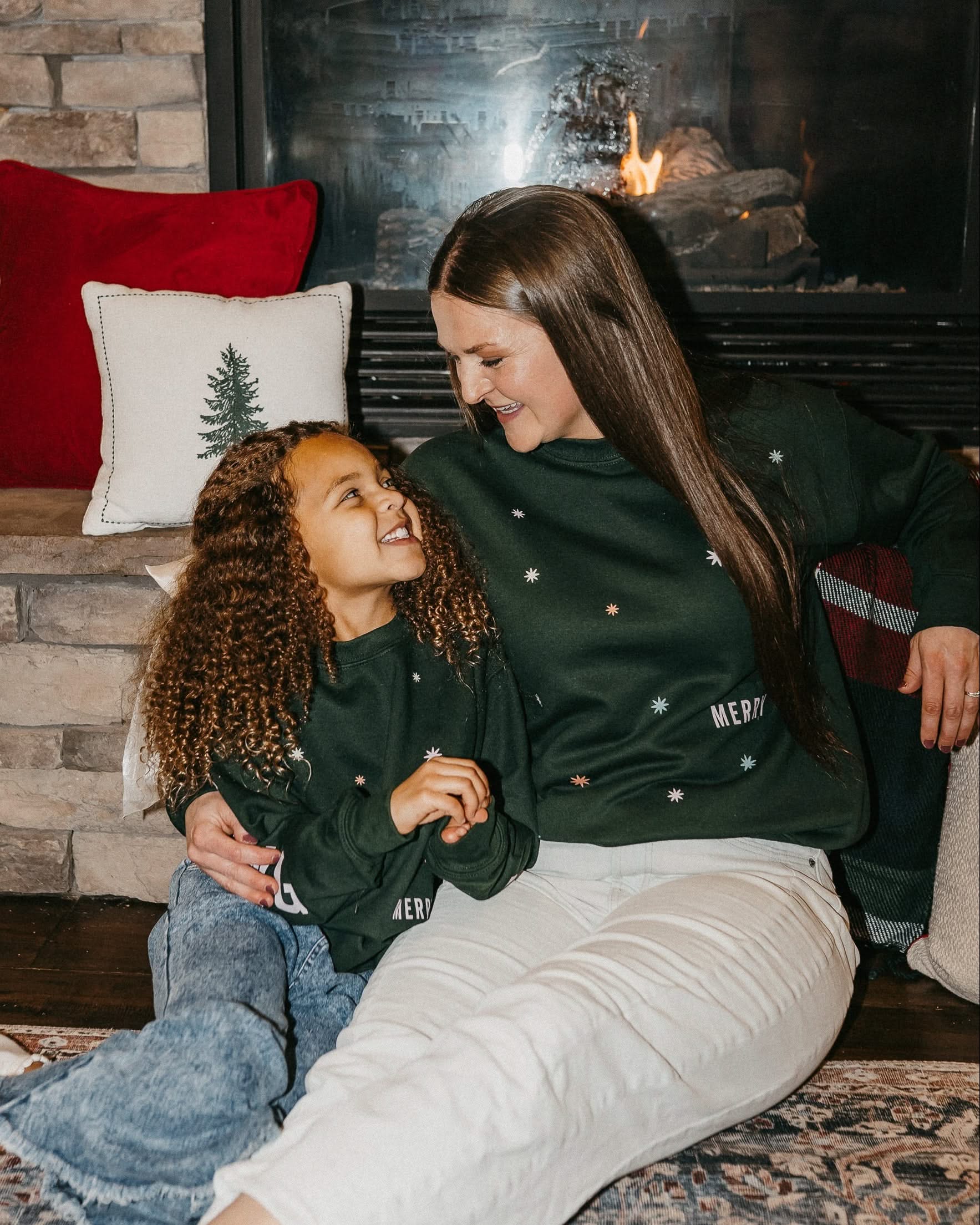 Adult and child forest sweater with 'Merry Every Thing' graphic, shown on model – Little Mama Shirt Shop