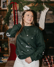 Adult forest sweater with 'Merry Every Thing' graphic, shown on model – Little Mama Shirt Shop