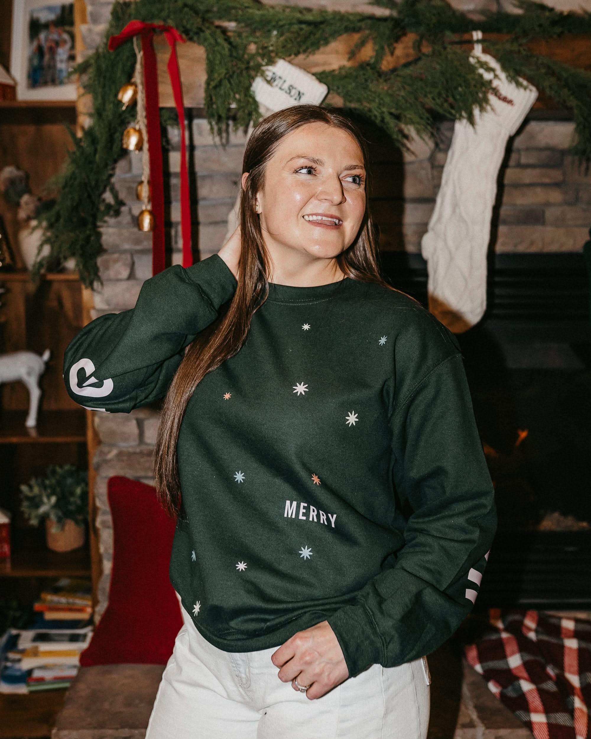 Adult forest sweater with 'Merry Every Thing' graphic, shown on model – Little Mama Shirt Shop