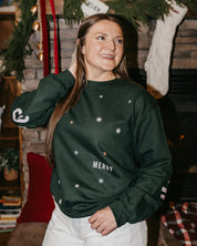 Adult forest sweater with 'Merry Every Thing' graphic, shown on model – Little Mama Shirt Shop