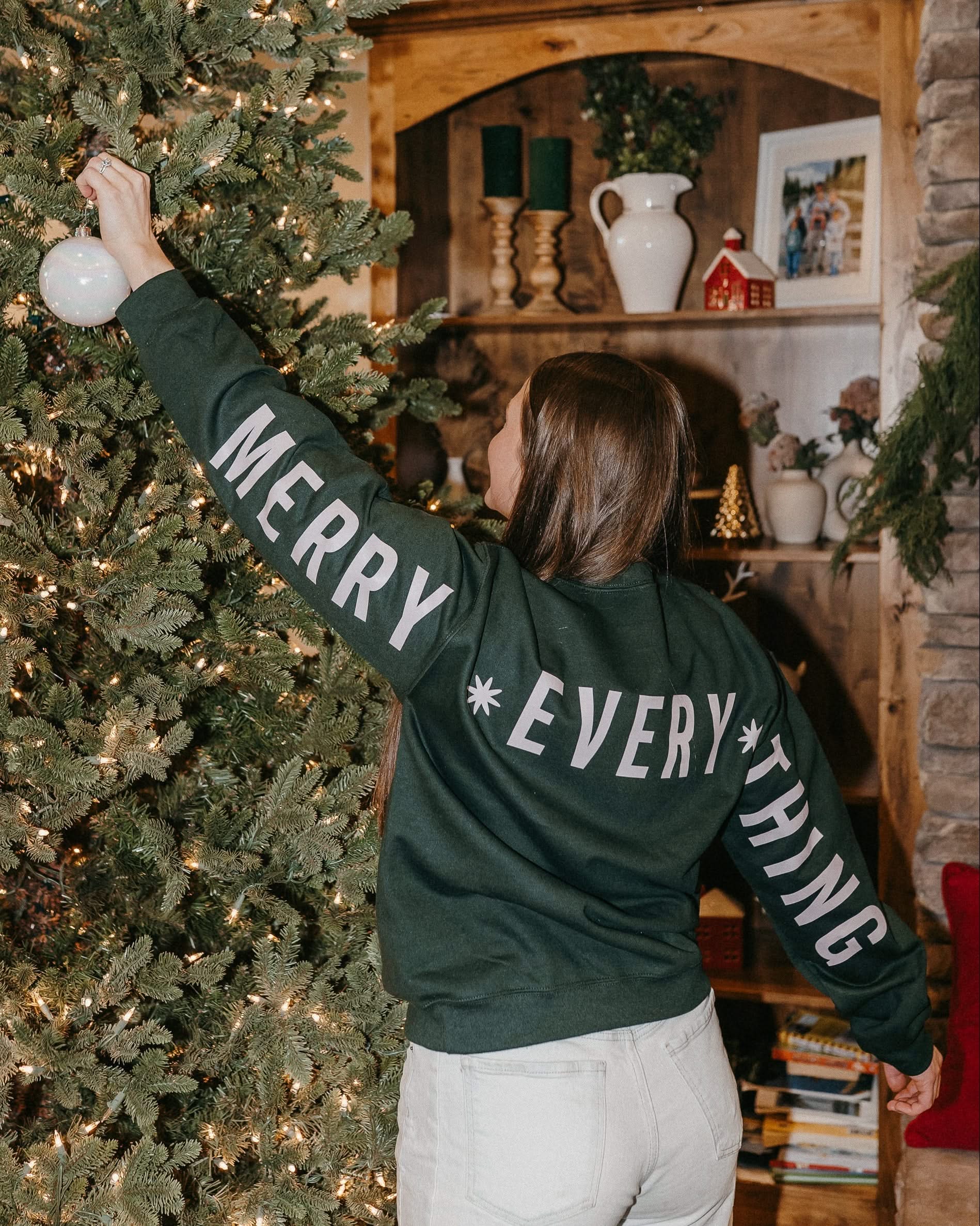 Adult forest sweater with 'Merry Every Thing' graphic, shown on model – Little Mama Shirt Shop