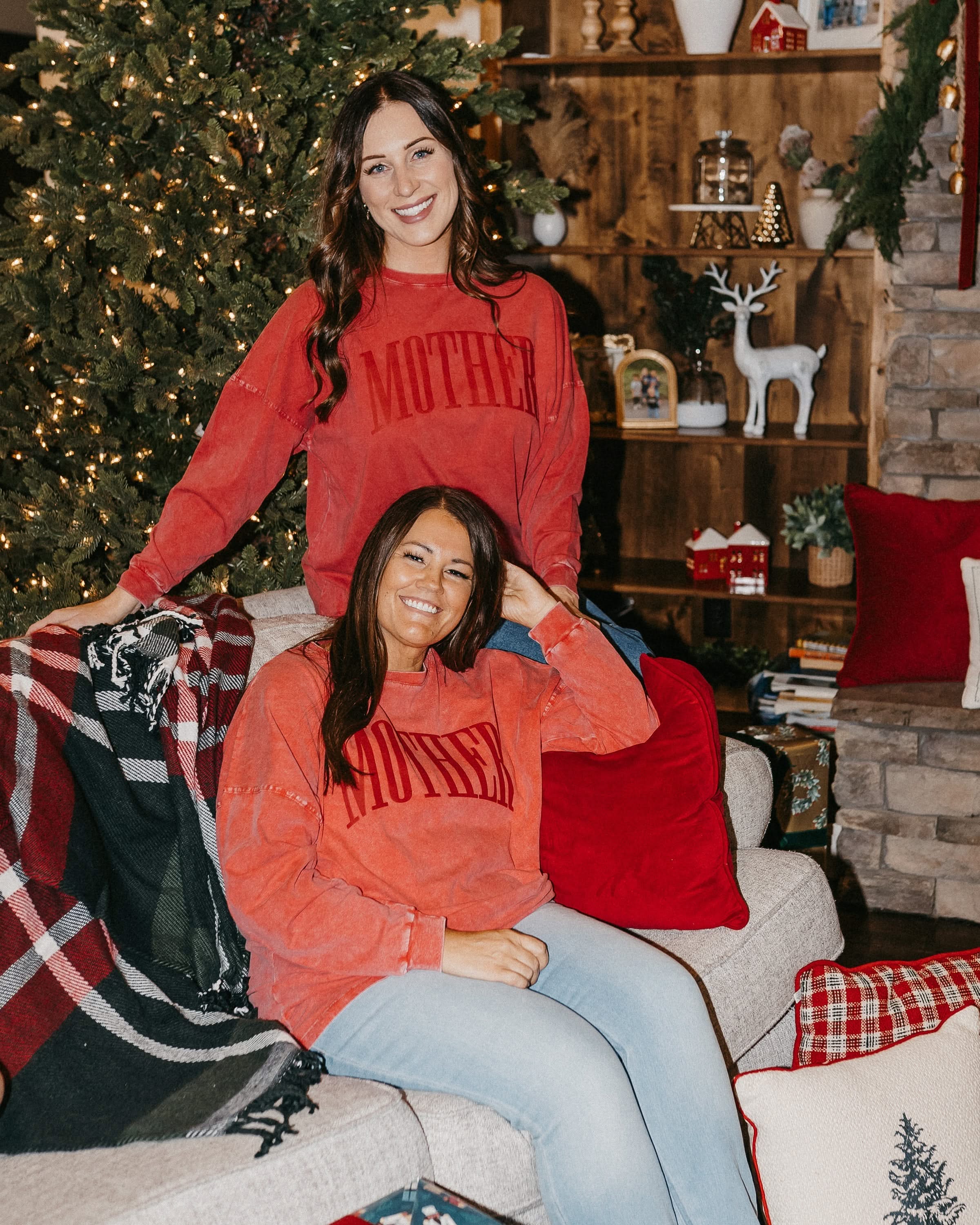 Adult oversize red tee with 'mother' in puff print on the front, shown on model – Little Mama Shirt Shop