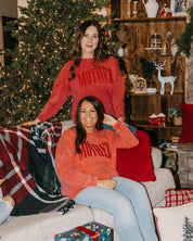 Adult oversize red tee with 'mother' in puff print on the front, shown on model – Little Mama Shirt Shop