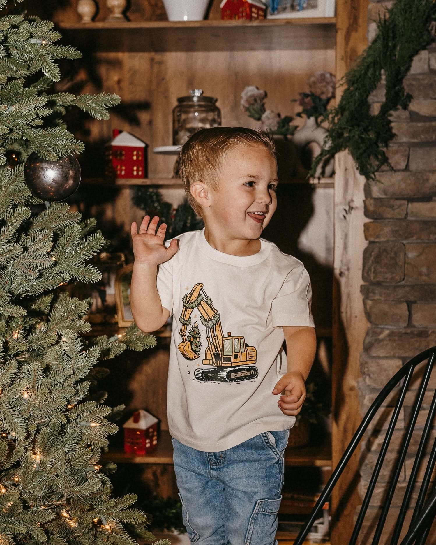 Child tee in natural with Christmas Excavator on front, shown on model – Little Mama Shirt Shop