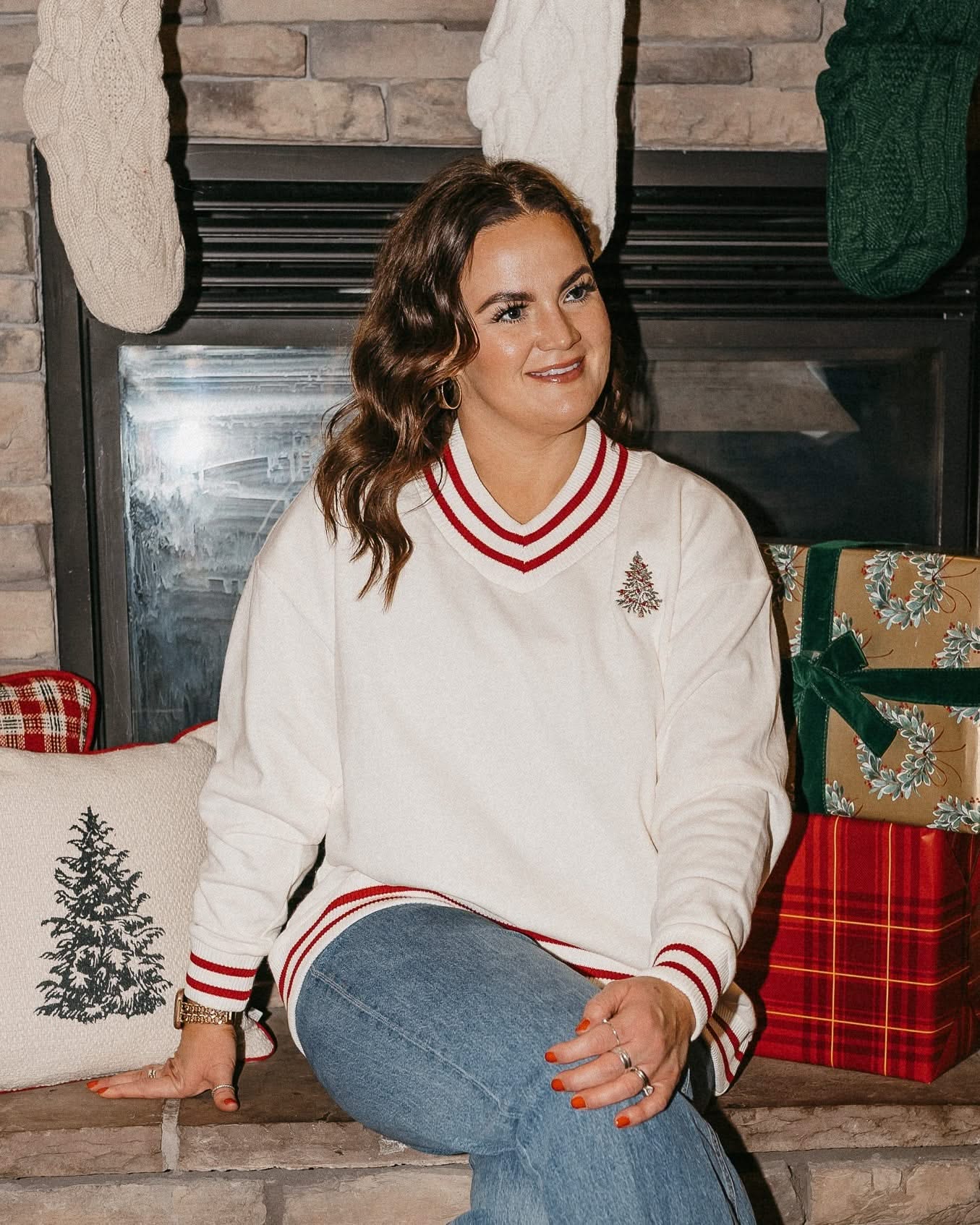 V neck sweater in white with red stripes on cuffs with embroidered Christmas tree on front, shown on model – Little Mama Shirt Shop