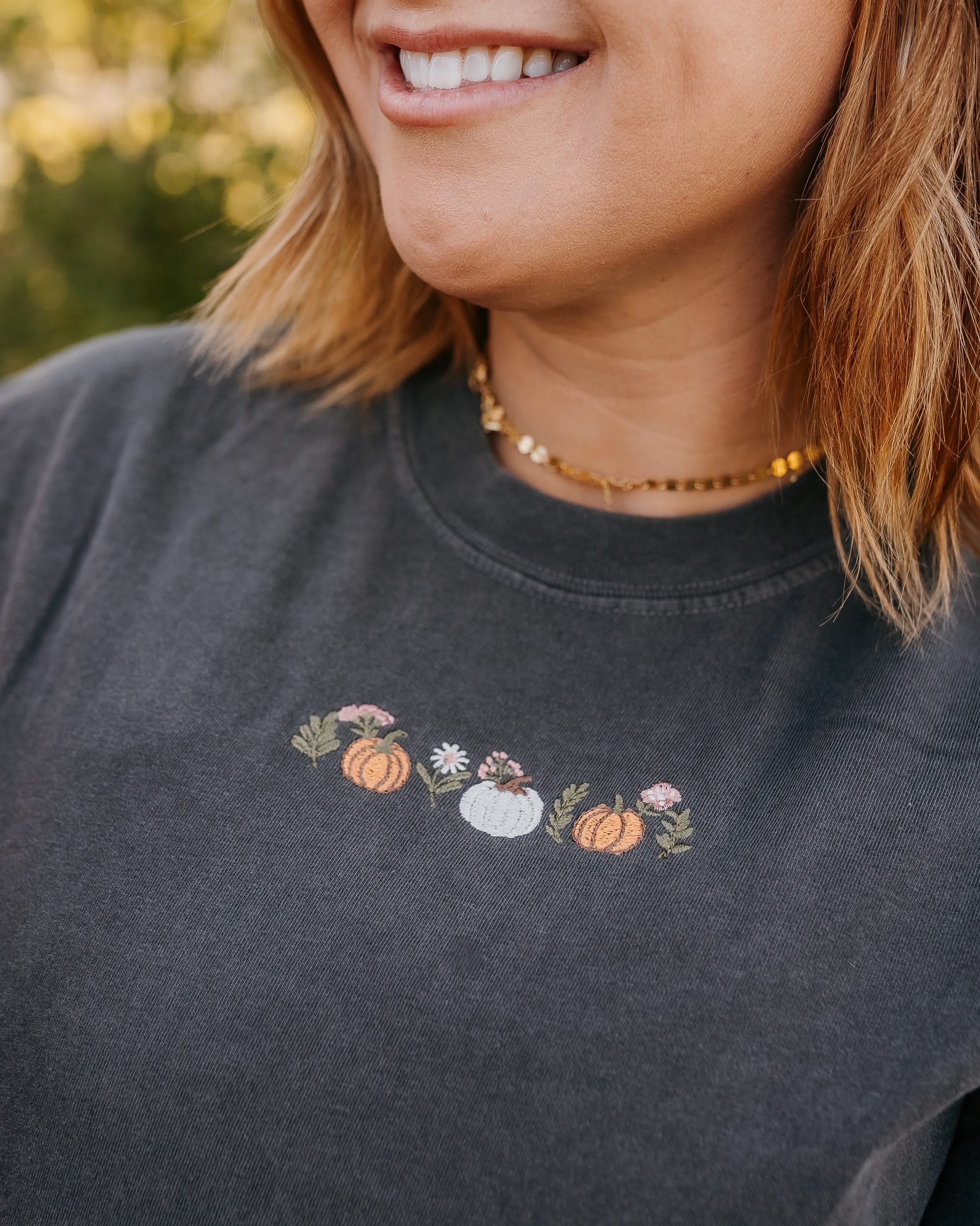 Embroidered Comfort Colors Tee - Pumpkins and Flowers (center) Little Mama Shirt Shop