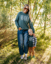 MAMA / Mama's Little Pumpkin - Tall Varsity - Heather Forest w/ Cream - Set of 2 Bella Sponge Fleece Little Mama Shirt Shop