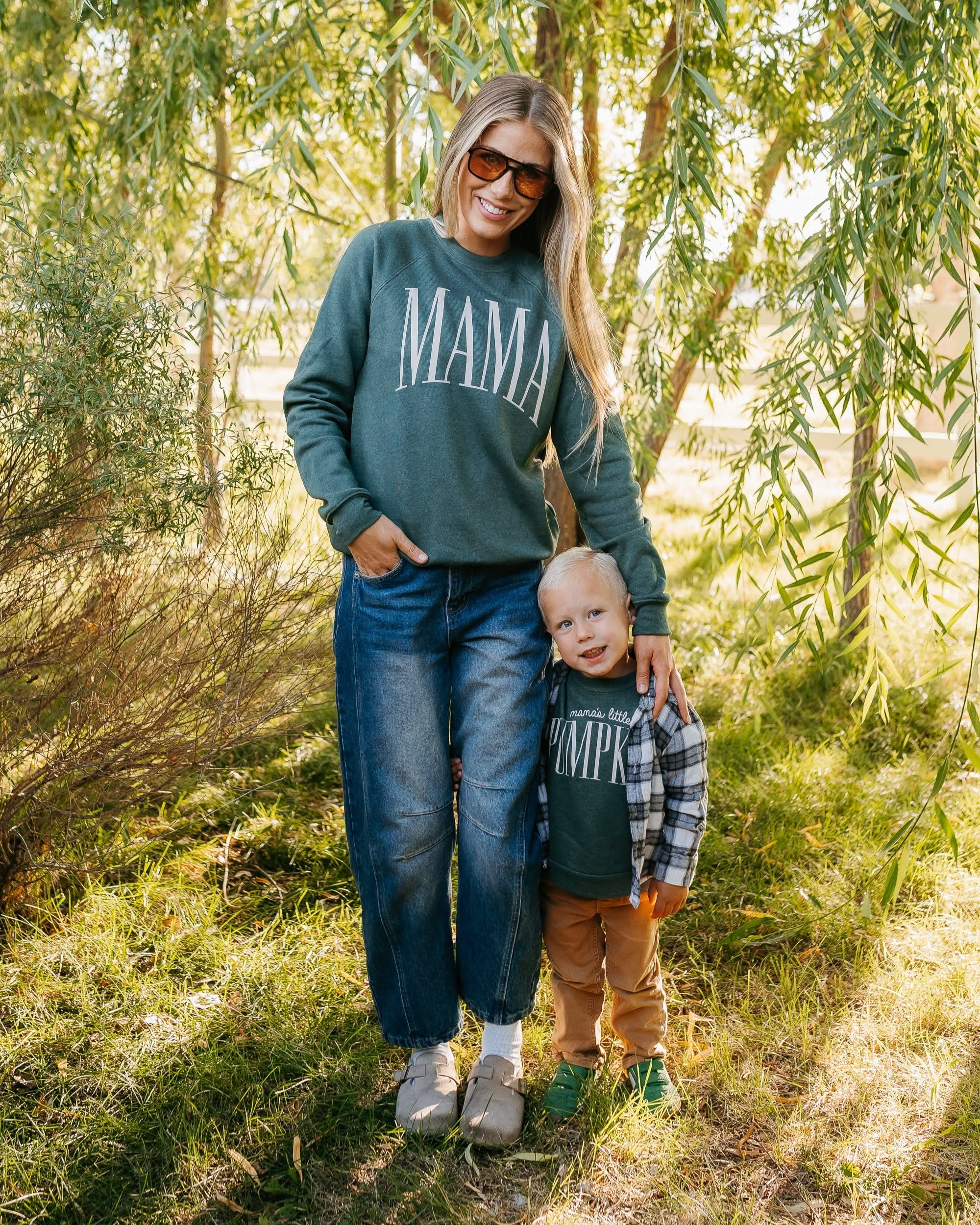 MAMA / Mama's Little Pumpkin - Tall Varsity - Heather Forest w/ Cream - Set of 2 Bella Sponge Fleece Little Mama Shirt Shop