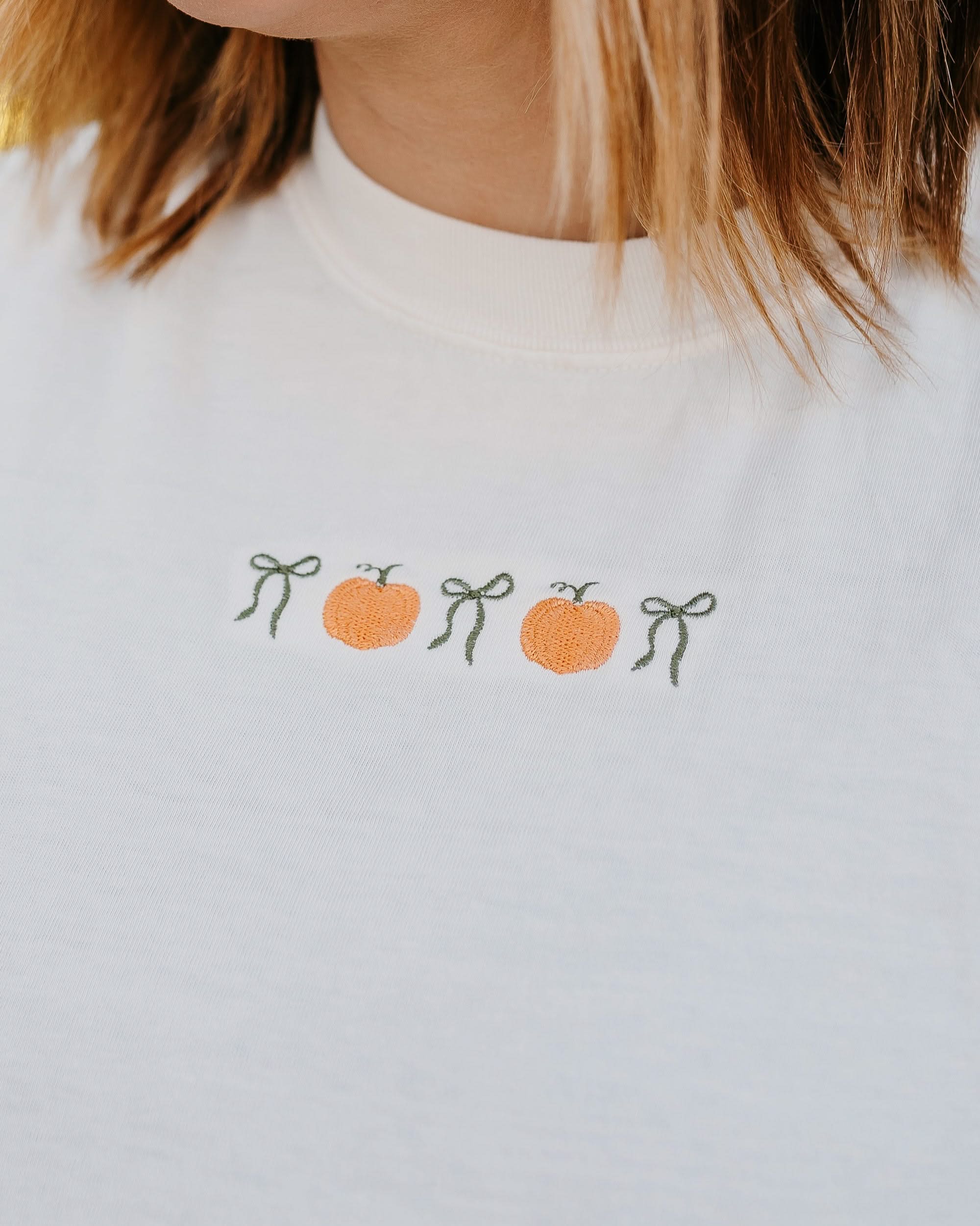 Embroidered Comfort Colors Tee - Pumpkins and Bows (center) Little Mama Shirt Shop
