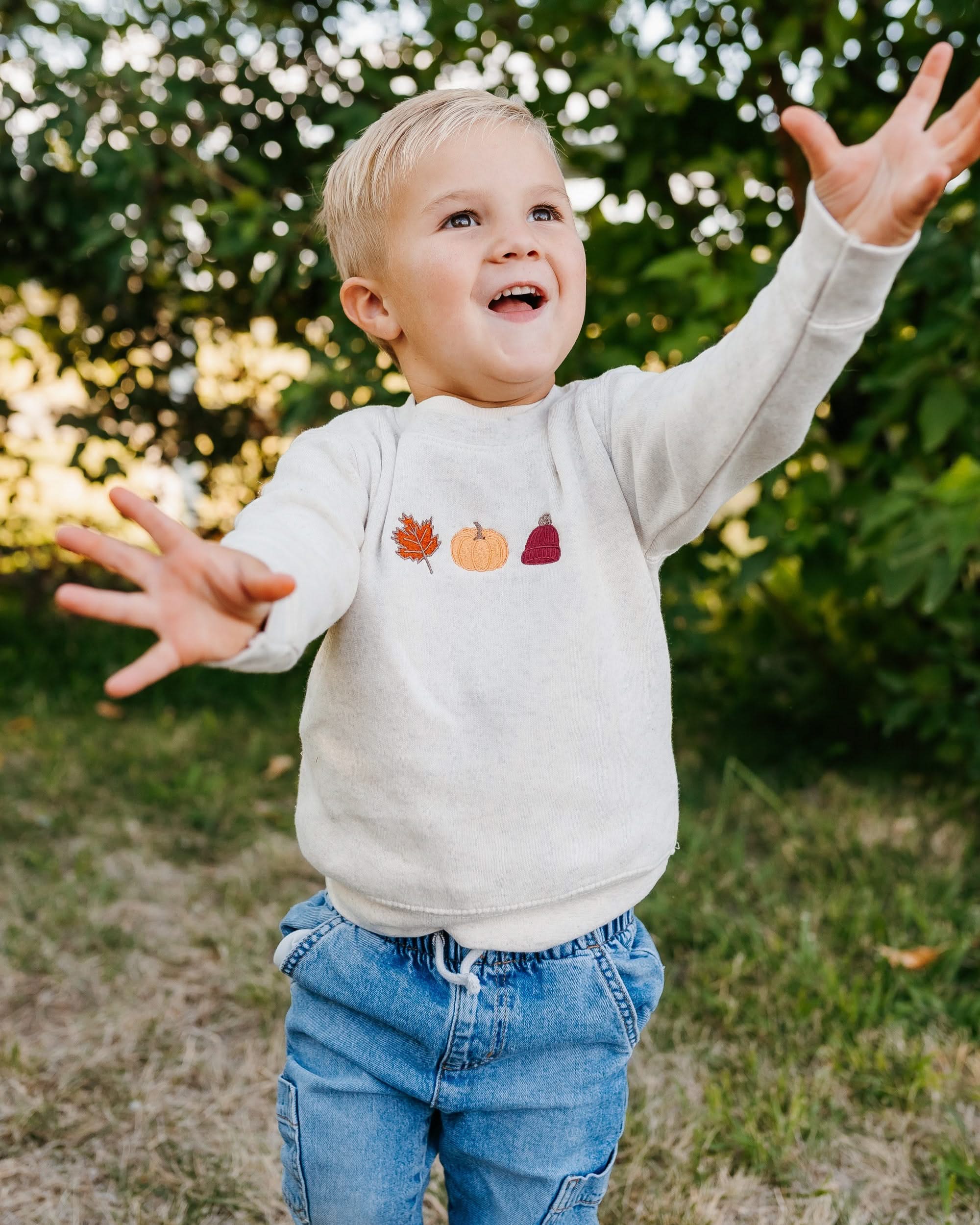 Embroidered Child Sweater - Natural Heather - Fall Trio (center) Little Mama Shirt Shop