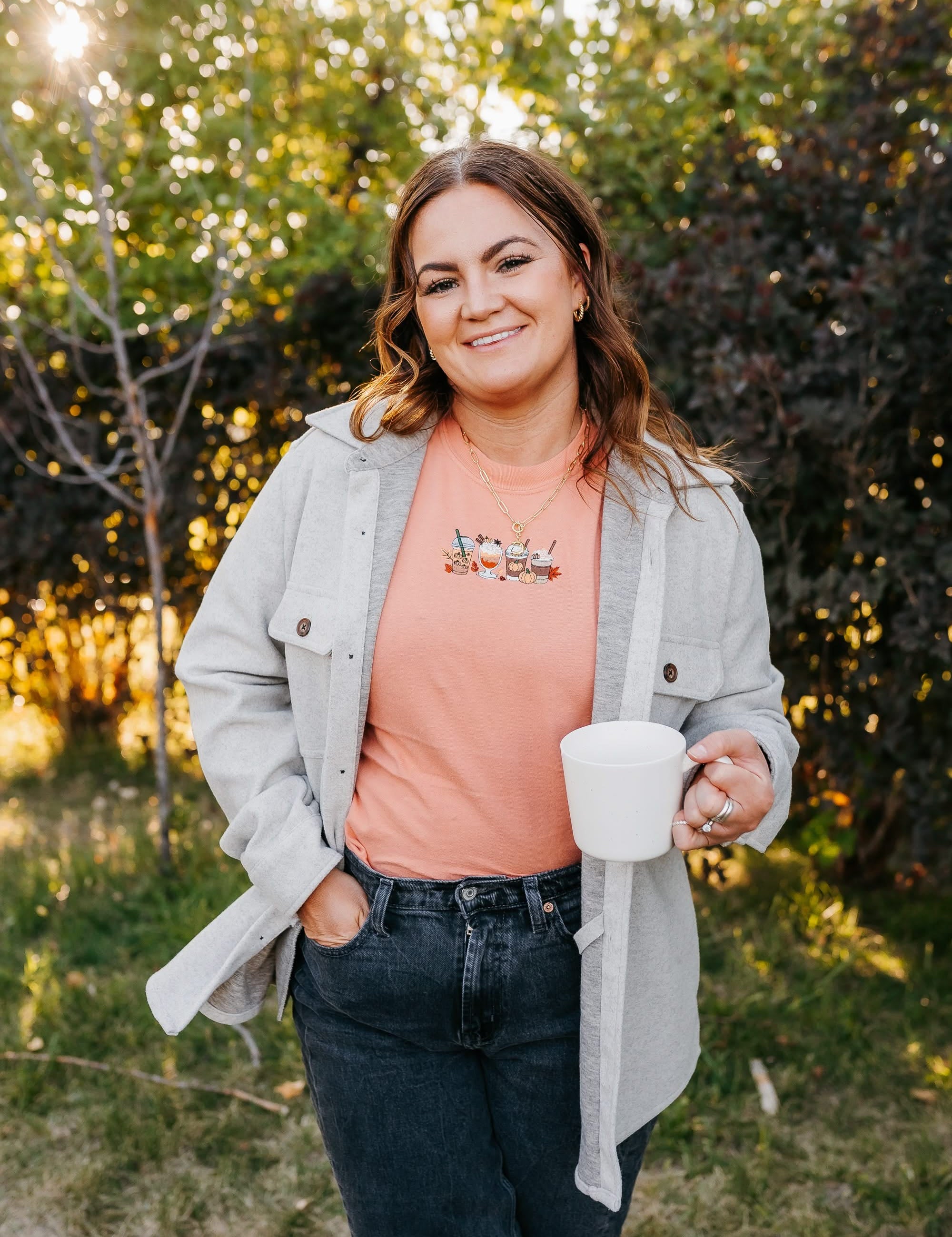 Embroidered Comfort Colors Tee - Pumpkin Drinks (center) Little Mama Shirt Shop