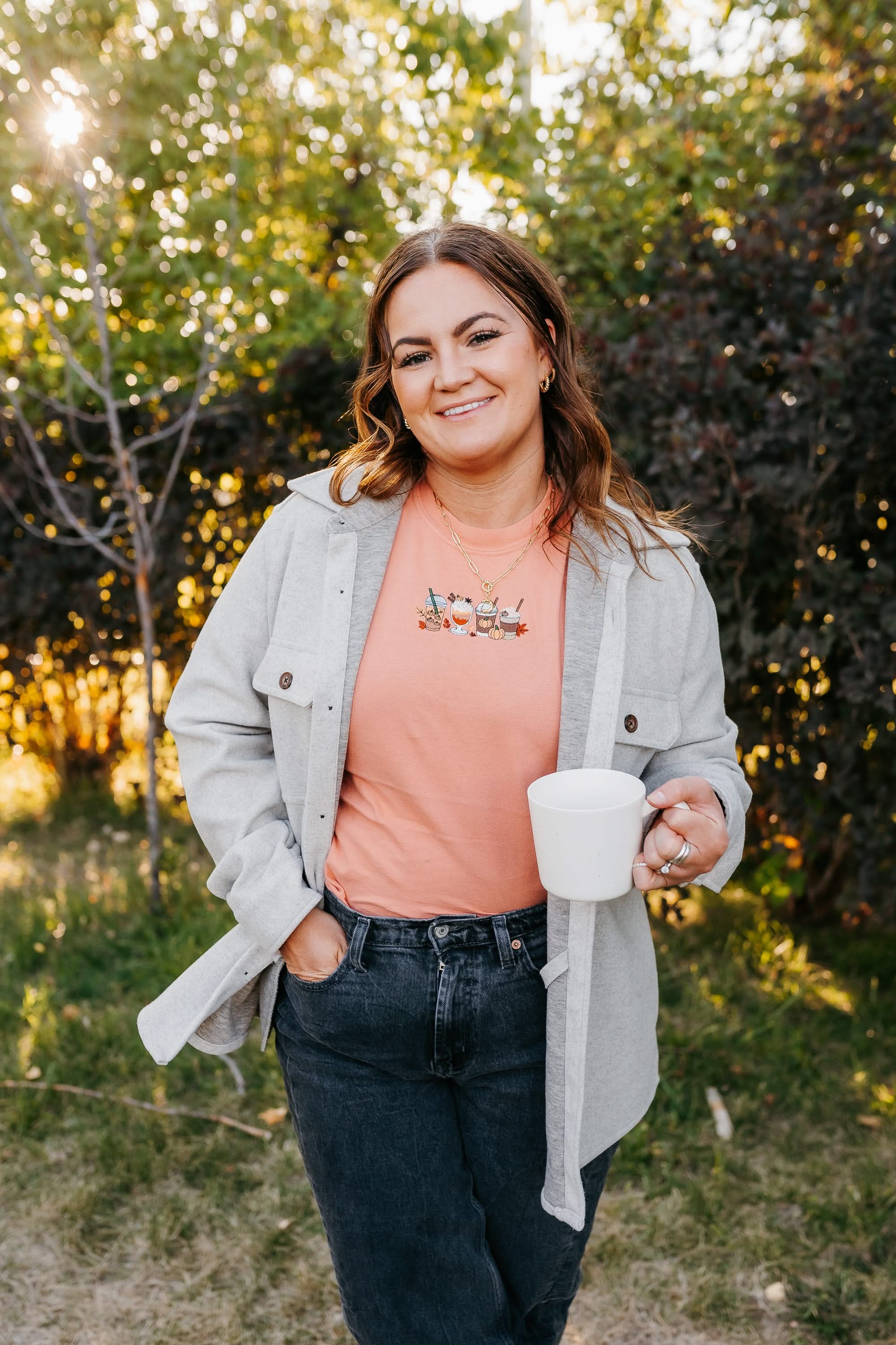 Embroidered Comfort Colors Tee - Pumpkin Drinks (center) Little Mama Shirt Shop